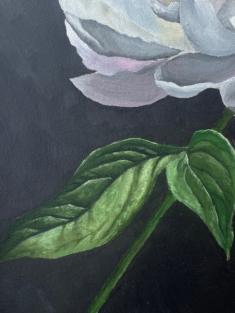 Close up image of a painting of the two leaves on a rose