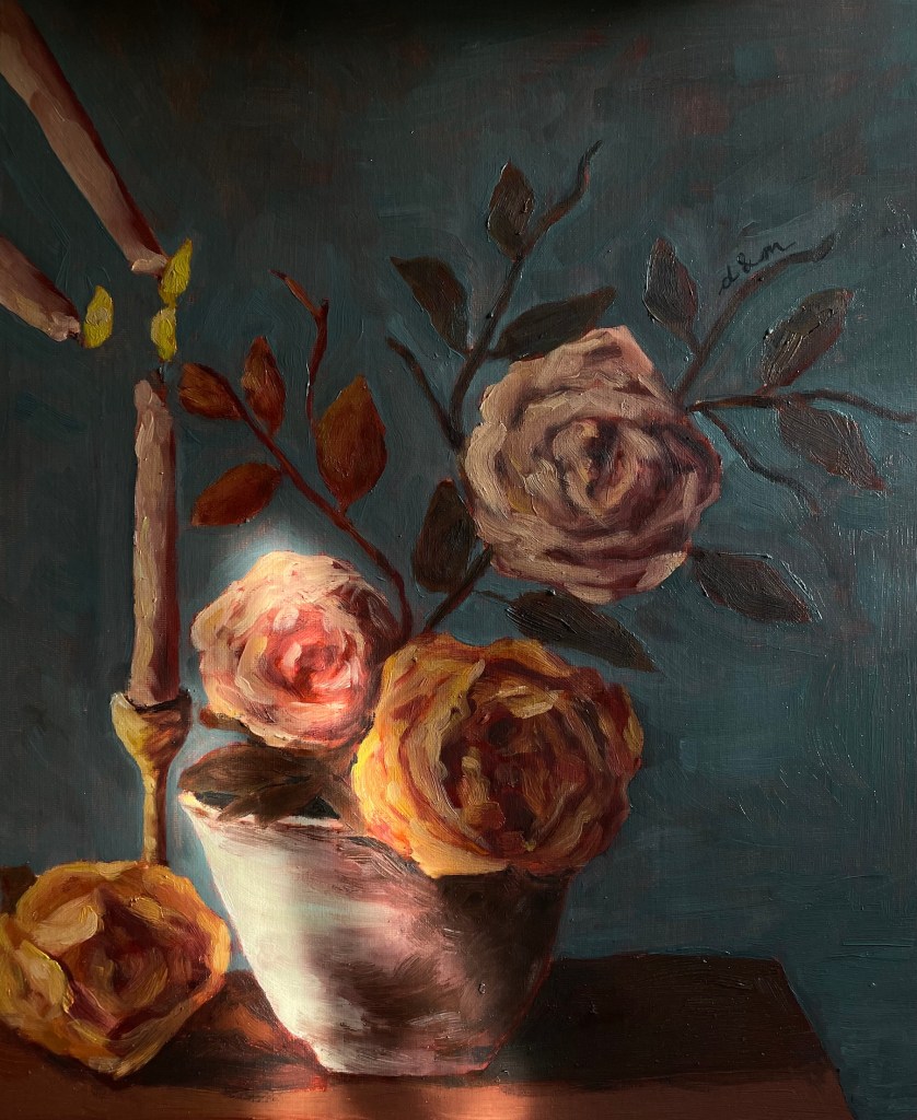 Image of a painting of three roses in a vase, alongside three taper candles and a rose sitting on a table.
